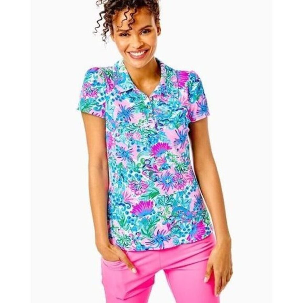 NWT Lilly Pulitzer Frida Puff Sleeve Polo Mandevilla Baby Paradise Petals S